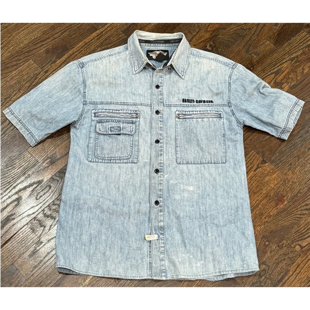 Vintage  Y2K Harley Davidson Men's Short Sleeve Denim Button Up Shirt Size L